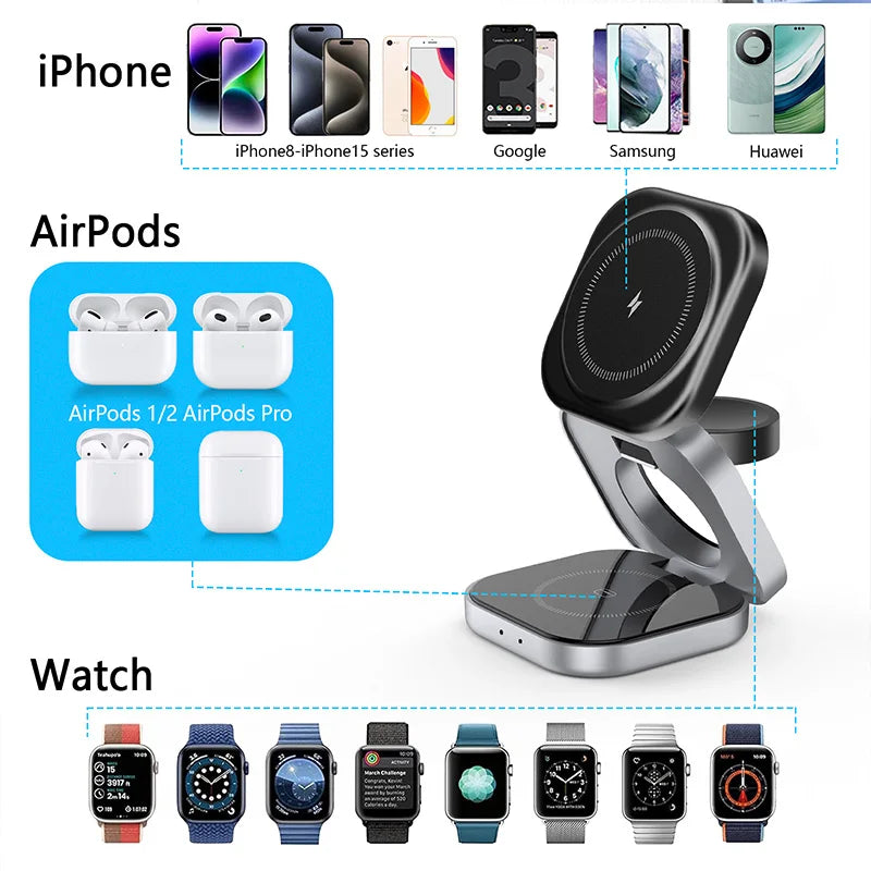 3 in 1 Magnetic Wireless Charger Stand (Iphone 15 14 13 Pro Max, Iwatch 8 7 6 Samsung Watch Airpods Fast Charging Dock Station)