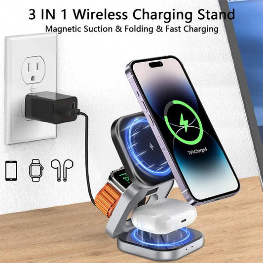 3 in 1 Magnetic Wireless Charger Stand (Iphone 15 14 13 Pro Max, Iwatch 8 7 6 Samsung Watch Airpods Fast Charging Dock Station)